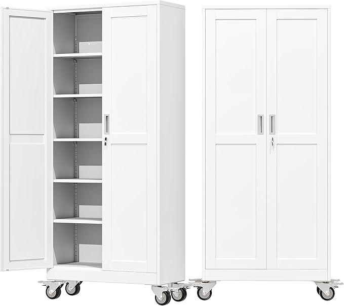 75" Metal Garage Storage Cabinet with Wheels and Locking Doors and Tall Rolling Steel Tool Cabinet with 5 Adjustable Shelves for Garage,Home,Office,Shop (White, 75''H x 32''W x16''D)