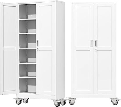 75" Metal Garage Storage Cabinet with Wheels and Locking Doors and Tall Rolling Steel Tool Cabinet with 5 Adjustable Shelves for Garage,Home,Office,Shop (White, 75''H x 32''W x16''D)