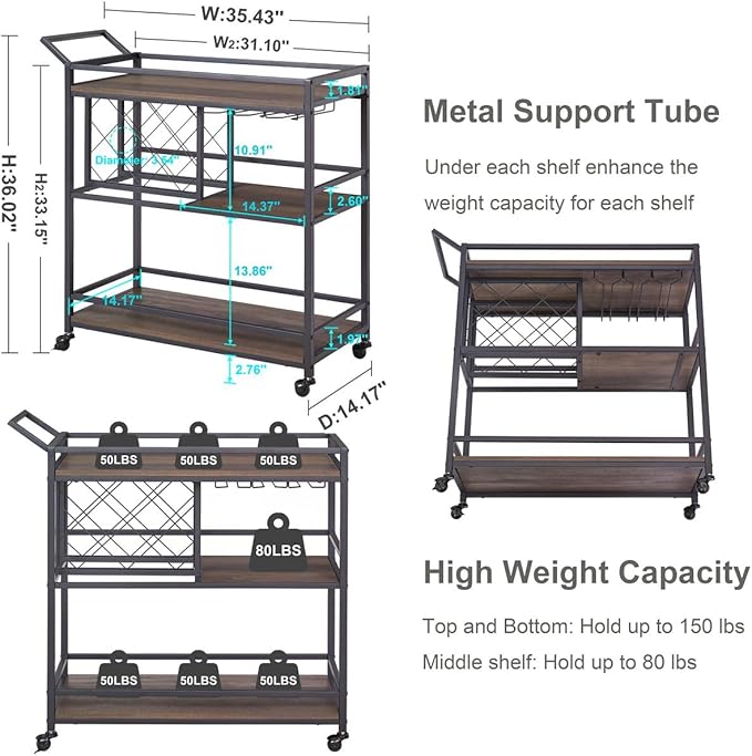 Bar Cart for The Home with Wine Rack and Glasses Holder, Small Home Bar Serving Cart on Wheels for Liquor and Alcohol (Walnut Brown)