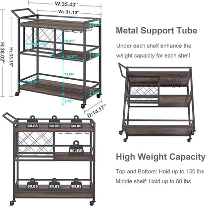 Bar Cart for The Home with Wine Rack and Glasses Holder, Small Home Bar Serving Cart on Wheels for Liquor and Alcohol (Walnut Brown)