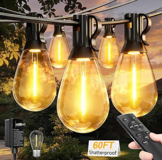 60FT Outdoor String Lights with Remote, LED Patio Lights with20+1 Waterproof S11 Bulbs, Outside Dimmable 2700K Warm White, Timer & 3 Modes,for Backyard Garden Deck Porch Balcony Gazebo Party Decor