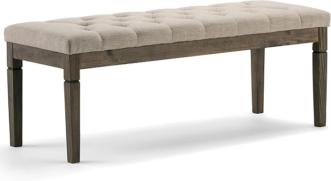 SIMPLIHOME Waverly 48" Wide Linen Look Rectangle Ottoman in Natural | Natural linen look, traditional tufted ottoman bench with carved legs; perfect footstool or footrest for bedroom or entryway.