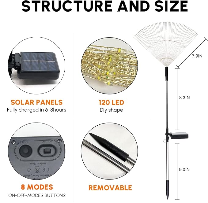 Christmas Solar Garden Firework Lights Outdoor Waterproof, 6 Pack Solar Powered Art Stake Twinkle Lighting for Outside Decor, 120 LED Sparklers String Lights for Yard Pathway Decorations (White)