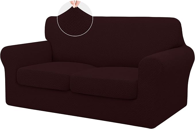 ISSUNTEX 3 Pieces High Stretch Thicken Loveseat Couch Covers, Soft Sofa Slipcover for 2 Separate Cushion Couch, Jacquard Fabric Elastic Sofa Cover Furniture Protector for Dogs (Loveseat, Wine)