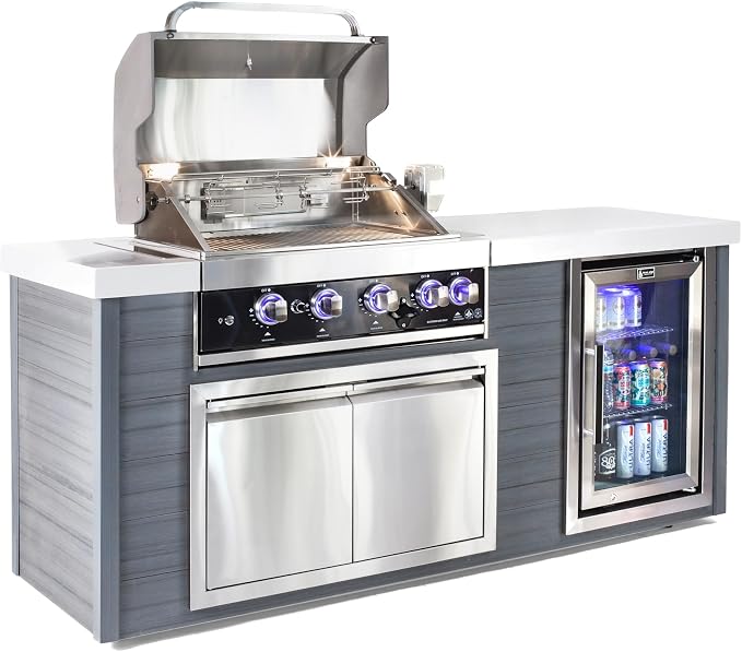 Mont Alpi Artwood Series - 78"W x 47"H x 27"D All Weather HDPE Outdoor Kitchen Island + Refrigerator & Double Access Doors + 32"W Black Stainless Steel 4-Burner Built-in BBQ Gas Grill + Rotisserie Kit