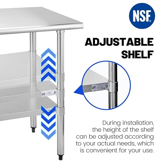 Hally Stainless Steel Table for Prep & Work 14 x 36 Inches NSF Commercial | Metal Heavy Duty Workbench, Adjustment Undershelf, for Kitchen, Restaurant, Home, Hotel, Garage, Pizza Oven, Galvanized Legs