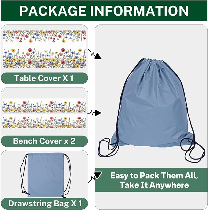 Picnic Table Cover with Bench Covers, Wildflower, 72 Inch, 3PCS | Waterproof fitted tablecloth with elastic edges for outdoor camper camping essentials with drawstring bag