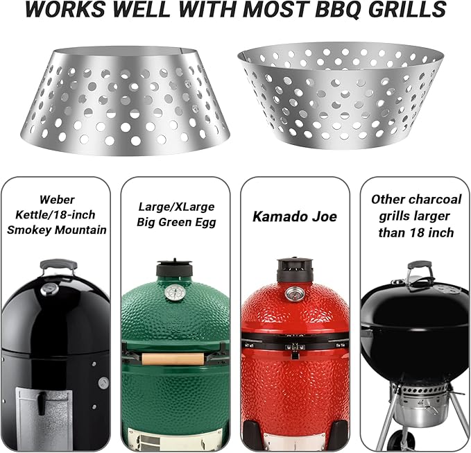 Skyflame BBQ Stainless Steel Charcoal Basket, Briquet Holder Kettle Grill Accessories Compatible with Weber Kettle 22 26.75 WSM XL Big Green Egg/Kamado - Updated Hollow Holes Design