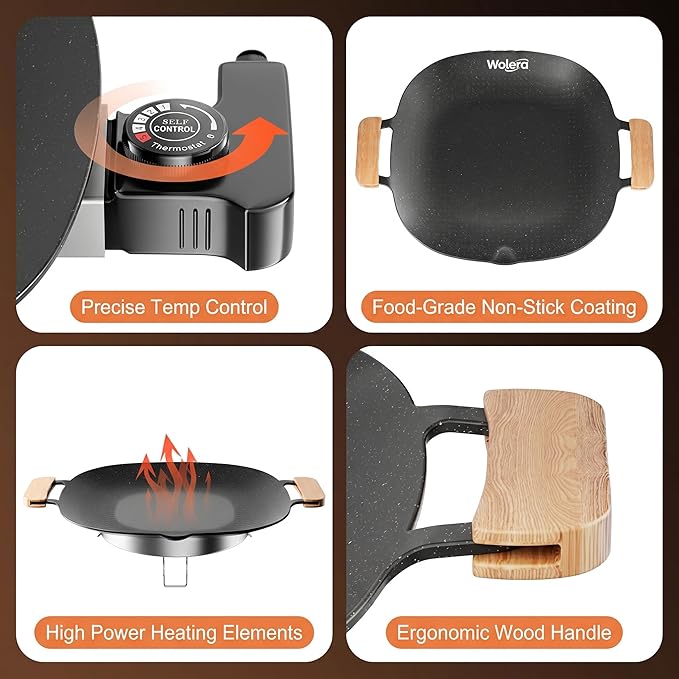 Smokeless Indoor Electric BBQ Grill with Wooden Handles – Adjustable Temp Nonstick Griddle, Perfect for Steak, Pancakes & Low-Fat Meals, Easy to Clean & Dishwasher Safe