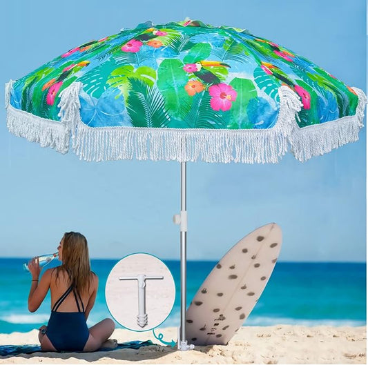 AMMSUN 6.5ft Tropical Fringe Beach Umbrella with Sand Anchor,Tilt,Air Vent | Heavy Duty High Wind Sun Shade Umbrellas,UPF50+,Portable Carry Bag,Windproof,for Sand Patio Garden Pool Backyard Outdoors