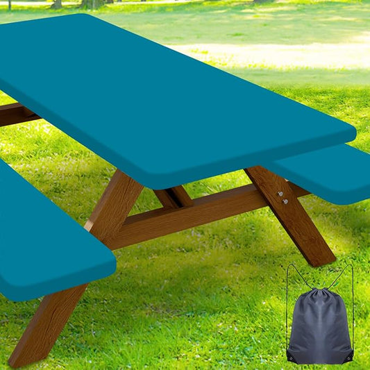 Smiry Picnic Table Cover with Bench Covers, Waterproof Elastic Fitted Polyester Tablecloths for 6 Ft Rectangle Tables, Washable Windproof Tablecloth for Camping, RV & Outdoor (Turquoise, 30x72 Inches)