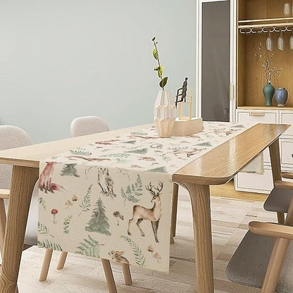 Rustic Woodland Table Runner - Cute Forest Animals, Country Lodge Cabin Style, Wild Animal Bear Deer Fox Wolf Set, 13x90 Inch