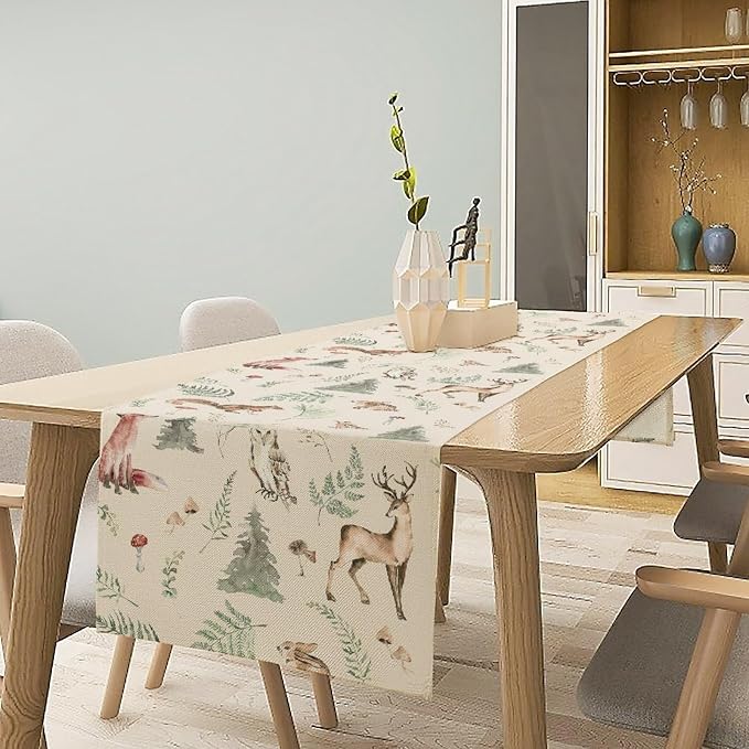 Rustic Woodland Table Runner for Kids, Cute Forest Animals, Country Lodge Cabin Wild Animal Bear Deer Fox Wolf Set, 13X120 Inch