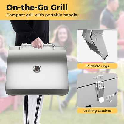HAPPYGRILL Portable Gas Grill with 2-Burner, 20,000 BTU Total Stainless Steel Tabletop Propane Grill w/Handle, Built-in Thermometer & Extra Flame Rod, Foldable Legs for Outdoor RV BBQ Picnic