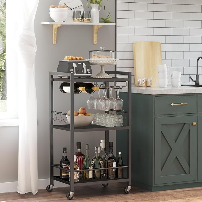 TUTOTAK Bar Cart with Wheels, Drink Cart with Wine Rack and Glass Holder | 3-Tier 17 Inch Wide Home Bar Serving Carts, Small Mobile Kitchen Shelf with 6 Hooks, Black BC01BK032