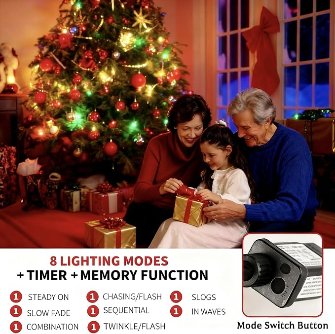 MZD8391 105FT 300LED Christmas Light, Christmas Tree Light, Red Green | Waterproof, 100% UL Listed, 8 Light Mode, Timer & Memory, 4 Set End To End Connect, LED Christmas String Light Outdoor Indoor