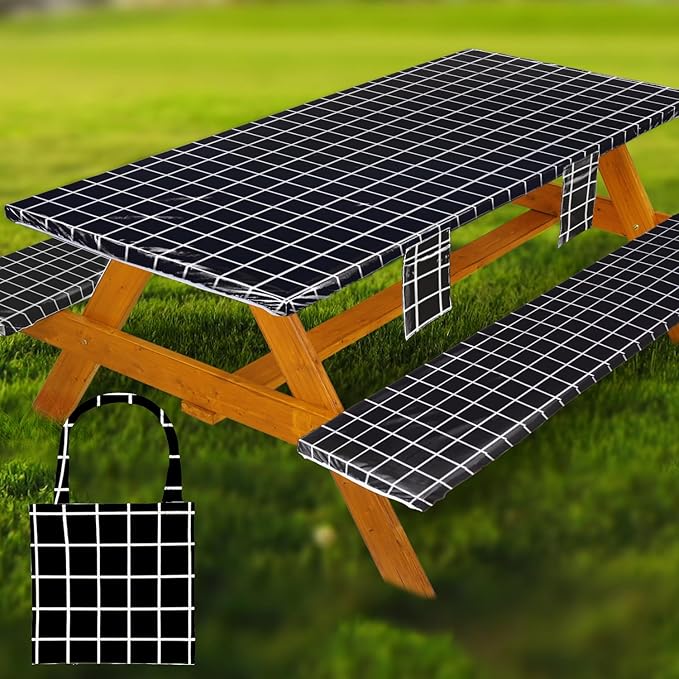 Wrakus Picnic Table Cover with Bench Covers Vinyl Elastic Edges Fitted Rectangle Seat Tables Waterproof 3-Piece72X30in Set Outdoor Rectangular Folding Backing Tablecloth for Camping Over Size