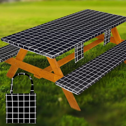 Wrakus Picnic Table Cover with Bench Covers Vinyl Elastic Edges Fitted Rectangle Seat Tables Waterproof 3-Piece72X30in Set Outdoor Rectangular Folding Backing Tablecloth for Camping Over Size