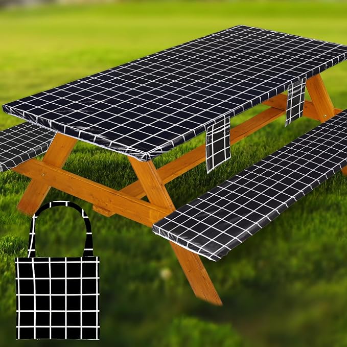 Wrakus Picnic Table Cover with Bench Covers Vinyl Elastic Edges Fitted Rectangle Seat Tables Waterproof 3-Piece96X30in Set Outdoor Rectangular Folding Backing Tablecloth for Camping Over Size