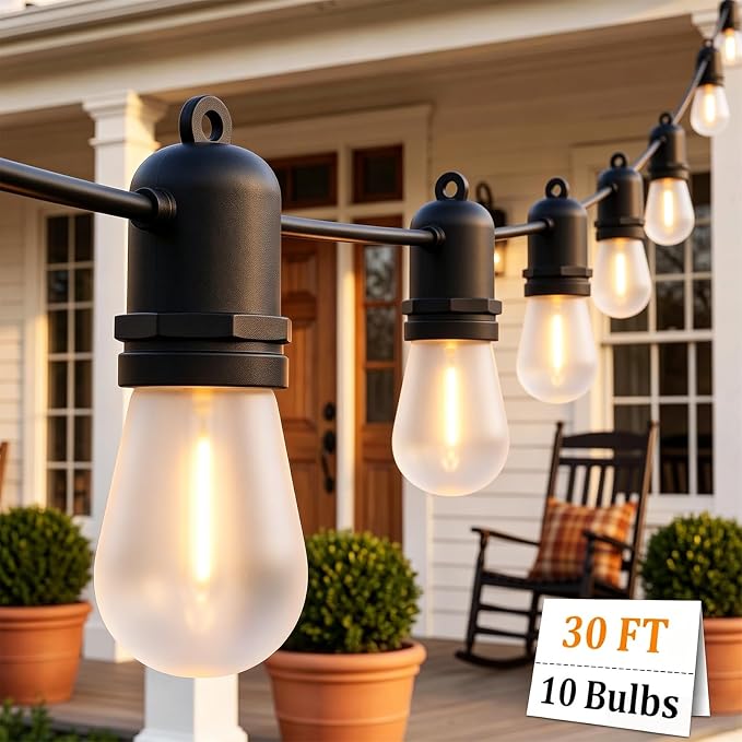 S14 Outdoor String Lights 30FT, 11 Frosted LED Bulbs, Black Wire | Connectable Commercial Grade Patio Lights, UL Listed, IP65 Waterproof, 2700K Shatterproof Bulbs, for Backyard, Porch, Bistro