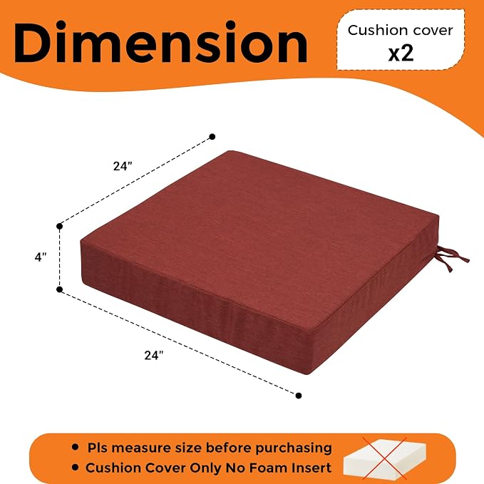 Magpie Fabrics Indoor Outdoor Cushion Cover Replacement 2 Pack, NO Insert! Water Repellent Slipcover with Ties Decor for Patio Garden Chair Sofa Bench Wicker(Dark Red, 24x24x4 Inch)