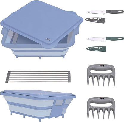 Feasto Collapsible BBQ Prep Tubs with Cutting Board, 9-IN-1, 2 Tubs Portable Grill Prep Station with Side Brackets, Lids, Knives, Meat Claws and Drain Rack, Space-Saving for Kitchen & Camping, Blue