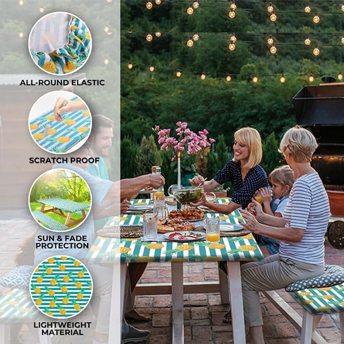 6ft Polyester Picnic Table Cover with Bench Covers Tablecloth Pineapple | Polyester Picnic Table Cover Windproof & Waterproof, Perfect for Camping Gifts & RV Essentials, Cool Camping Gadgets with bag