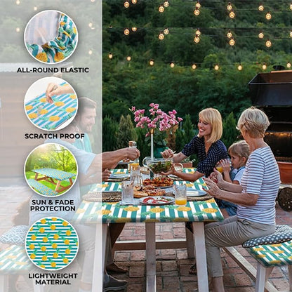 6ft Polyester Picnic Table Cover with Bench Covers Tablecloth Pineapple | Polyester Picnic Table Cover Windproof & Waterproof, Perfect for Camping Gifts & RV Essentials, Cool Camping Gadgets with bag