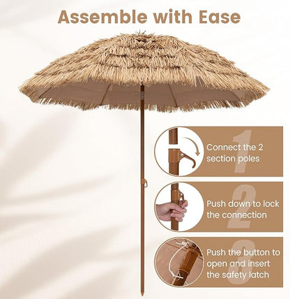 Tangkula 7.2Ft Tiki Patio Umbrella, Hawaiian Style Outdoor PE Grass Umbrella with Tilt Adjustment, 8 Ribs, Portable Thatched Beach Umbrella for Garden, Yard, Poolside