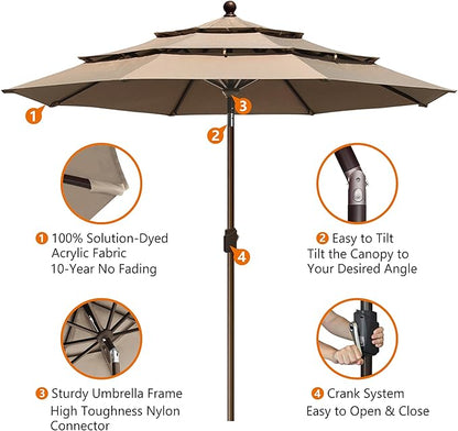 EliteShade USA 10-Year-Non-Fading 10ft 3-Tier Market Patio Umbrella, Commercial Grade Outdoor Table Umbrella with Crank Open, Windproof & UPF 50+ UV Protection, Heavy Duty Ventilation for Garden, Deck, Pool, Backyard, Beach & Bistro, Heather Beige