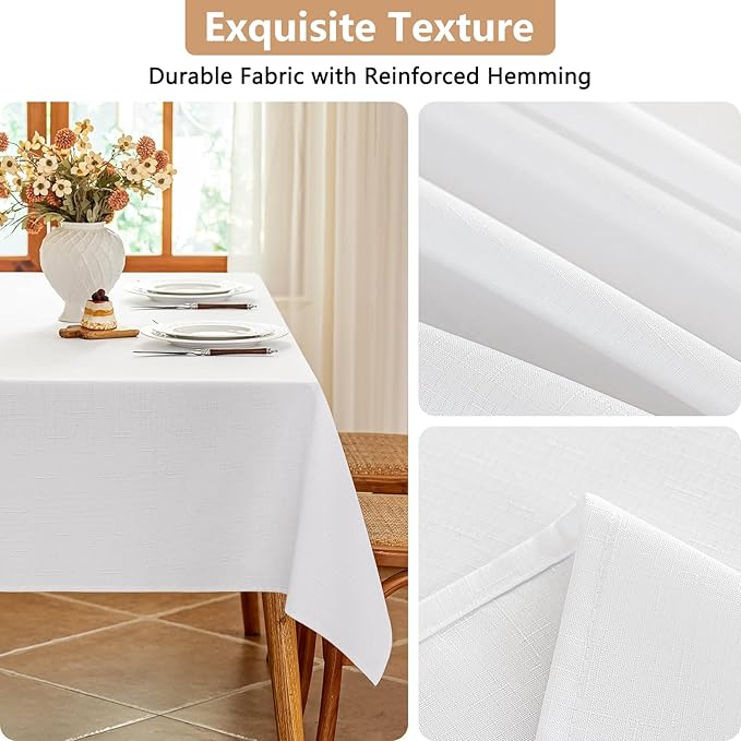 Seenus Textured White Cloth Tablecloth for 4ft Rectangle Table, Water Resistant & Spill Proof Table Cloth in 4-6 Seats Dining Room Kitchen Patio Outdoor Wedding Party, 52 x 70 Inch