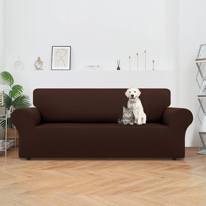 LURKA Stretch Couch Cover for Sofa, 1 Piece 3 Cushion Slipcover, Chocolate | Soft Stretch Jacquard, Fits 78"-94" Sofas, Elastic Bottom for Secure Fit, Machine Washable, Pet & Kid Friendly