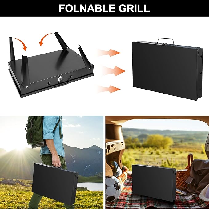 TeqHome Portable Charcoal Grill, Small Foldable Barbecue BBQ Grill Charcoal for Outdoor Picnic, Backyard, Patio and Parties, 16.7"×10"×17.7"