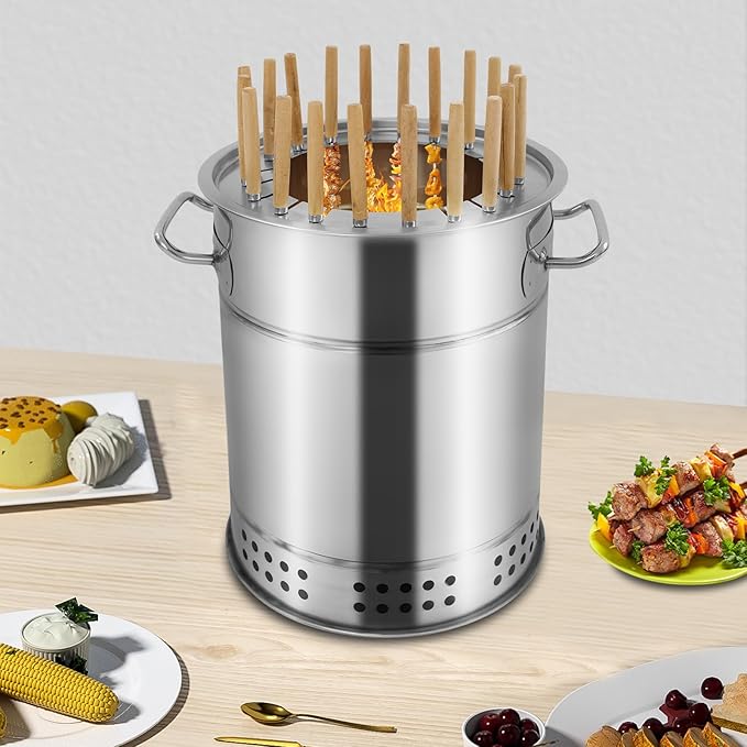 Portable BBQ Charcoal Grill Stainless Steel Charcoal Barrel Grill Small Surround Charcoal kebab Grill for Picnics Camping Traveling Parties (20 Skewers)