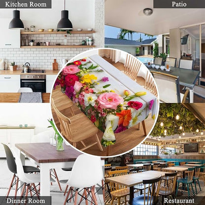Swono Flowers Frame Tablecloths Colorful Peony Rose Flowers On Wooden Kitchen Dinning Tabletop Decoration, Polyester Table Cover for Indoor Outdoor 50x72 Inch Tablecloth