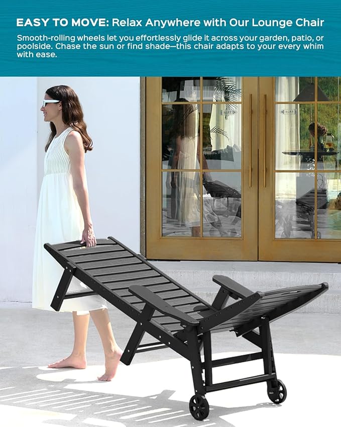 Ciokea Outdoor Chaise Lounge Chair Set of 2, Patio Lounge Chairs for Outside, HDPE Lounge Chairs with Wheels & Cup Holder, Poly Lounge Chair with 5 Position for Poolside, Deck, Black