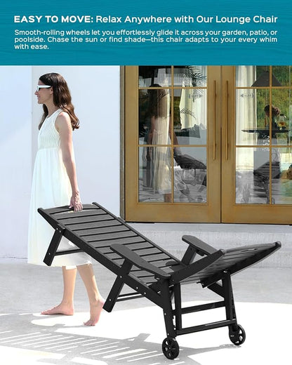 Ciokea Outdoor Chaise Lounge Chair Set of 2, Patio Lounge Chairs for Outside, HDPE Lounge Chairs with Wheels & Cup Holder, Poly Lounge Chair with 5 Position for Poolside, Deck, Black