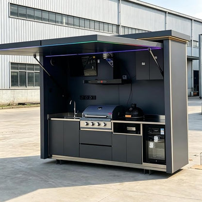 Modular Outdoor Kitchen Pod Prefab Kits with Roof, Sink, Grill Station, Storage Cabinet, Burners, Stainless Steel Patio Cooking Island for Backyard BBQ and Entertaining