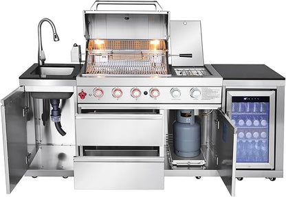 85" Modular Outdoor Kitchen Island with Grill and Side Burner, 4-Burner 71,500 BTU Propane BBQ Island, Refrigerator, Sink & Rotisserie, for Backyard and Patio Cooking, Silver
