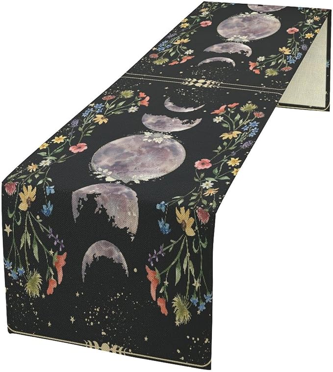 Kitchen Floral Moon Phase Table Runner,Gothic Mysterious Moonlit Table Runner, Farmhouse Decor Burlap Table Runners, Decorations for The Kitchen,Kitchen Decor and Accessories 13x90 Inch