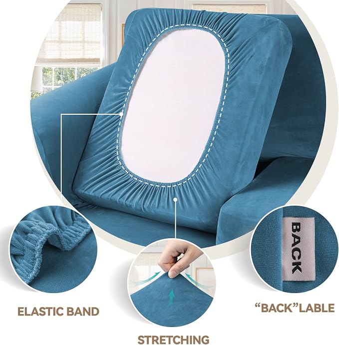 WEERRW Velvet Stretch 2 Pieces Chair Sofa Slipcovers Washable, Peacock Blue | Armchair Slipcovers Luxury Soft Velvet Plush Furniture Protector Couch Cover with Elastic Bottom for Kids Pets, Small