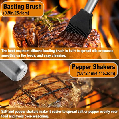 POLIGO 28Pcs Grilling Accessories in Bag with Meat Injector, Barbecue Claws, Mats, Thermometer for Smoker, Camping BBQ Grill Utensil Set Dad Gift for Fathers Day Birthday Grilling Gifts for Men Silver