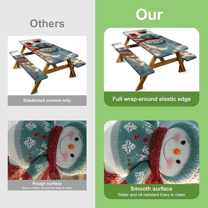 Christmas Picnic Table Cover with Bench Cover, Outdoor Picnic Table Elastic Tablecloth, Snowman Design with Lights, Camping, Barbecue and Holiday party Tablecloth