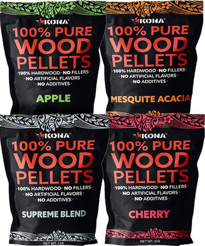 Kona Indoor Smoker Pellets Variety Pack - Intended for GE Smart Profile Indoor Smoker, Apple, Cherry, Mesquite, Supreme Blend, 4, 2 lb Resealable Bags