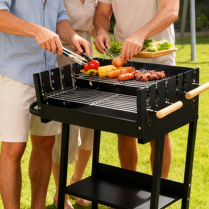 Portable Charcoal Grill, Skewer Charcoal Grill with Wheels and Handle for Picnics Camping and Backyard Cooking