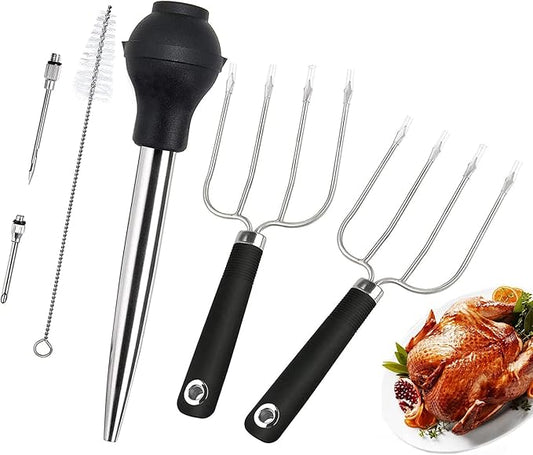 KAYCROWN Turkey Baster and Turkey Roast Lifters with Non-Slip Handle, Silicone Turkey Baster with 2 Marinade Needles & Stainless Steel Turkey Poultry Forks Set, Poultry Lifters