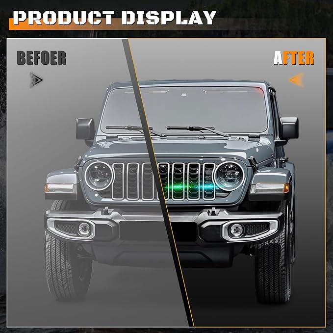 Grill Lights for Jeep Wrangler JL - FICOLPO 4PCS LED Front Grill Lights for Jeep Wrangler JL JLU 2024 2025 2026 Rubicon Sahara Front Bumper Grille Lights with Fuse Adapter & Harness (RGB Light)