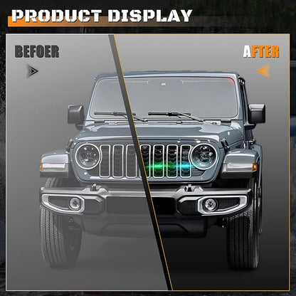 Grill Lights for Jeep Wrangler JL - FICOLPO 4PCS LED Front Grill Lights for Jeep Wrangler JL JLU 2024 2025 2026 Rubicon Sahara Front Bumper Grille Lights with Fuse Adapter & Harness (RGB Light)