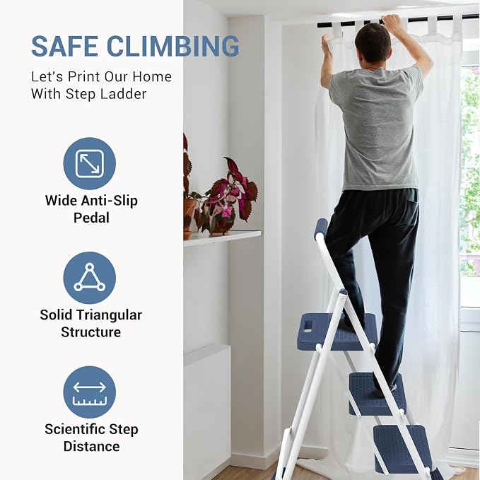 DUMOS Step Ladder, 3 Sturdy Step Stool with Anti-Slip Pedal & Comfortable Handrail, Portable Heavy Duty Stool for Kitchen, Garage & Outdoor, 800lbs, Calm Blue