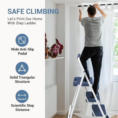 DUMOS Step Ladder, 3 Sturdy Step Stool with Anti-Slip Pedal & Comfortable Handrail, Portable Heavy Duty Stool for Kitchen, Garage & Outdoor, 800lbs, Calm Blue